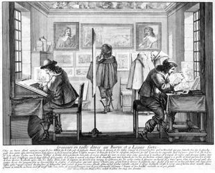 Gravadores de placas trabalhando com galeria atrás, 1643